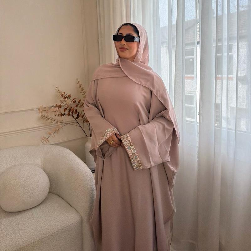 Amira Butterfly Abaya with Elegant Sleeve Details in Zoom Fabric Includes Matching Chiffon Hijab and Belts for Stylish Wear British Style