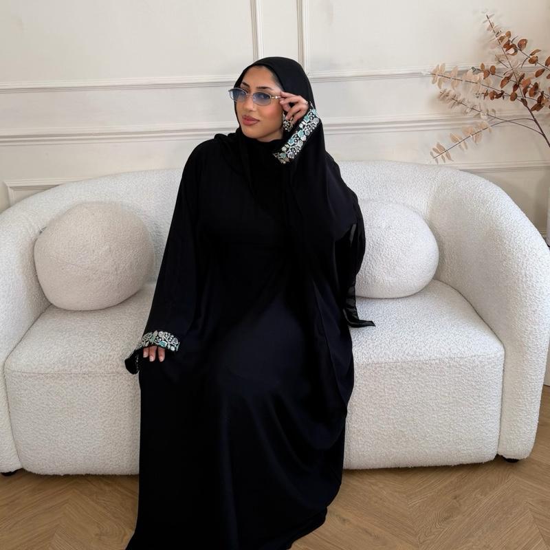 Amira Butterfly Abaya with Elegant Sleeve Details in Zoom Fabric Includes Matching Chiffon Hijab and Belts for Stylish Wear British Style
